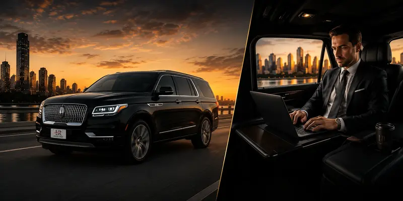 Business executive working on a laptop inside a luxury SUV while a black Lincoln Navigator travels through a city skyline at sunset, highlighting productive and comfortable executive transportation.